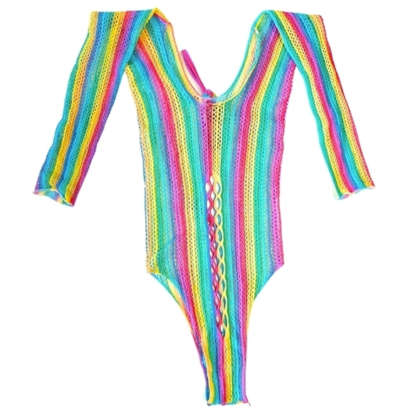 Pink Lipstick Rainbow Long Sleeve Crochet Festival Bodysuit One Size - Picture 3 of 9